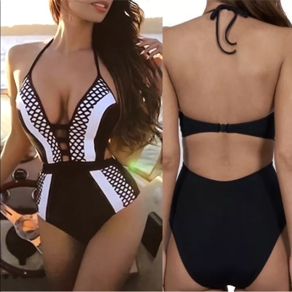 BLACK AND WHITE STRIPED MONOKINI SWIMSUIT - Picture 1 of 6